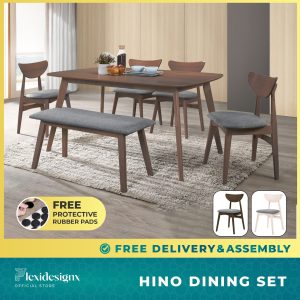 HINO Scandinavian dining set Singapore – solid wood table and grey cushioned chairs