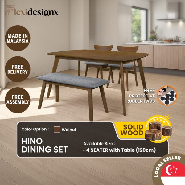 HINO Scandinavian dining set Singapore – solid wood table and grey cushioned chairs