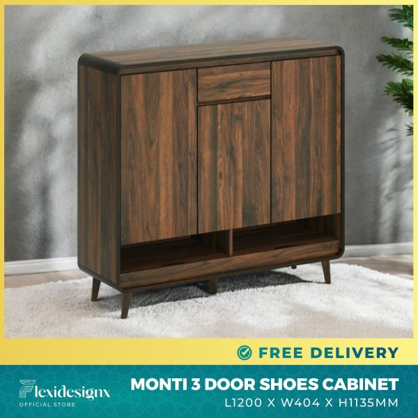 MONTI 3 Door Shoe Cabinet – Walnut Finish – Flexidesignx Singapore