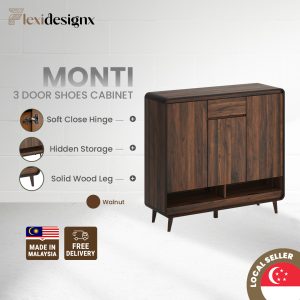 MONTI 3 Door Shoe Cabinet – Walnut Finish – Flexidesignx Singapore