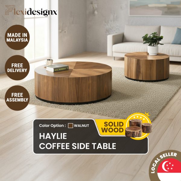 HAYLIE Coffee Table - Round Walnut Finish Solid Wood Table