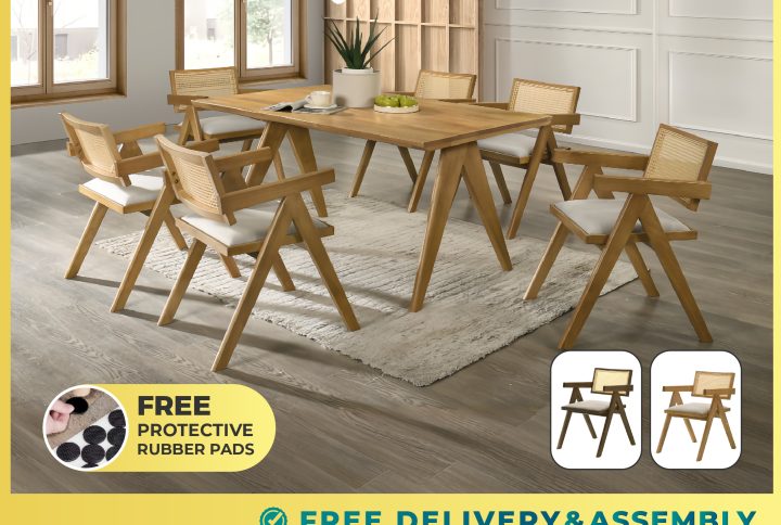 rattan design dining set Singapore – KAYLA table with rattan backrest chairs